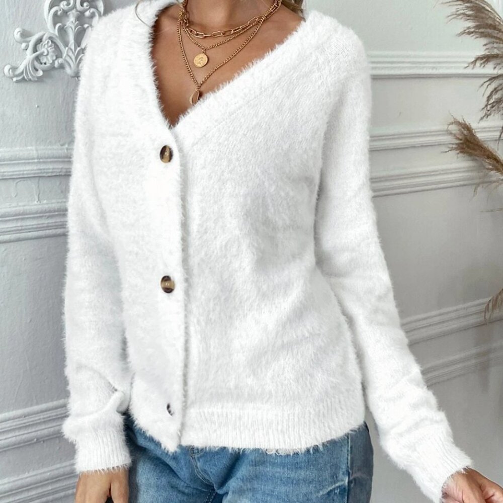 Fuzzy Knit Button-Front Cardigan White - S